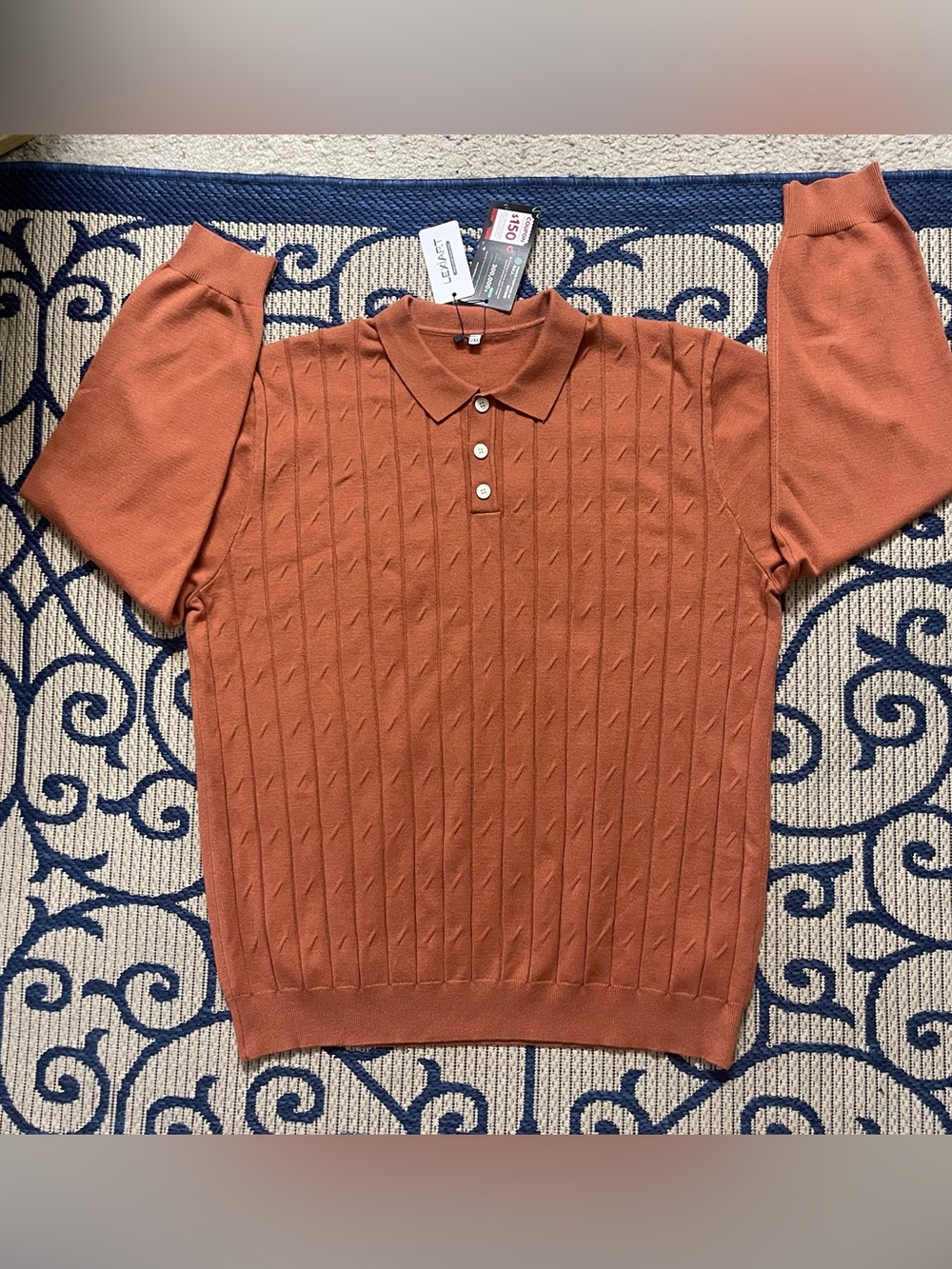 Men's Knit Polo in Rust Orange with Button Placket
